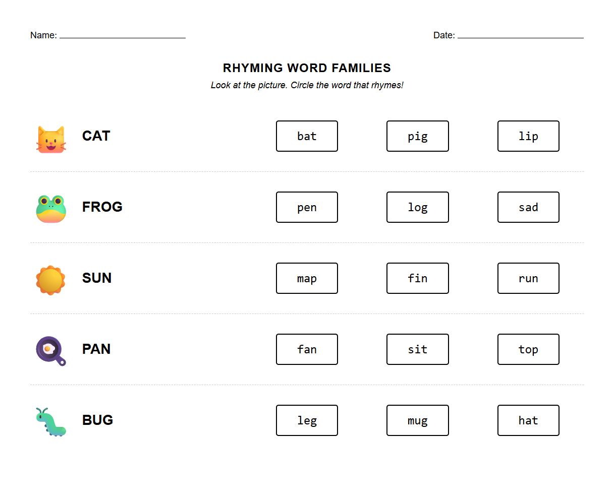 Rhyming Phonics Word Family Identification Worksheet