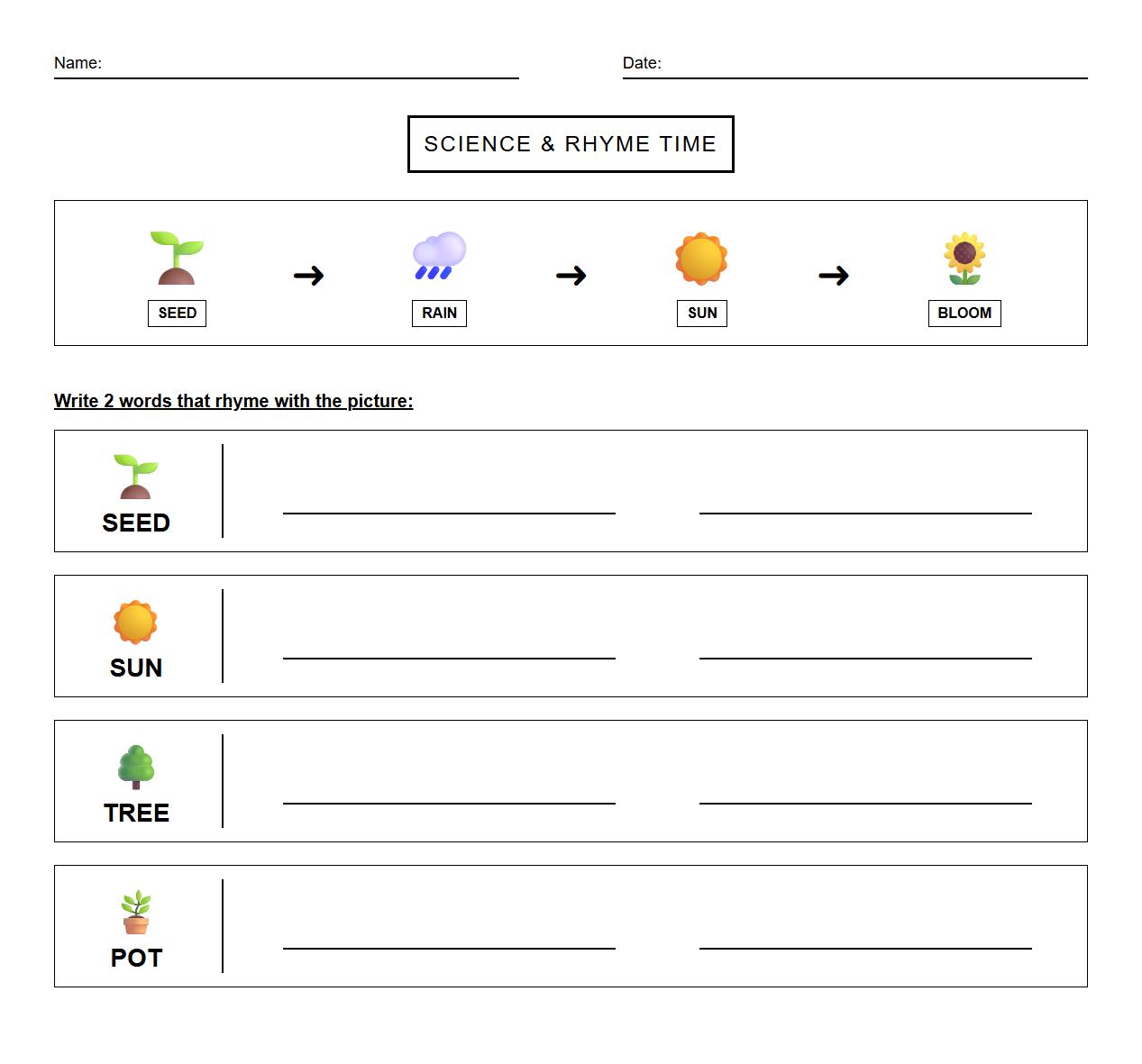Rhyming word families with plant process illustration