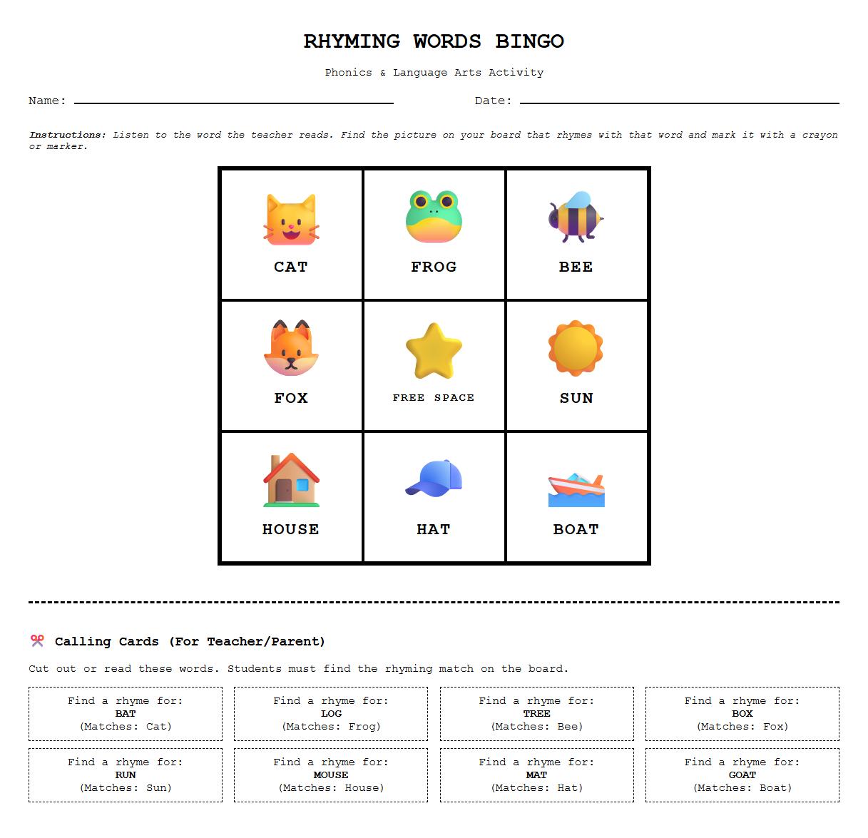 Rhyming Words Bingo Phonics Activity