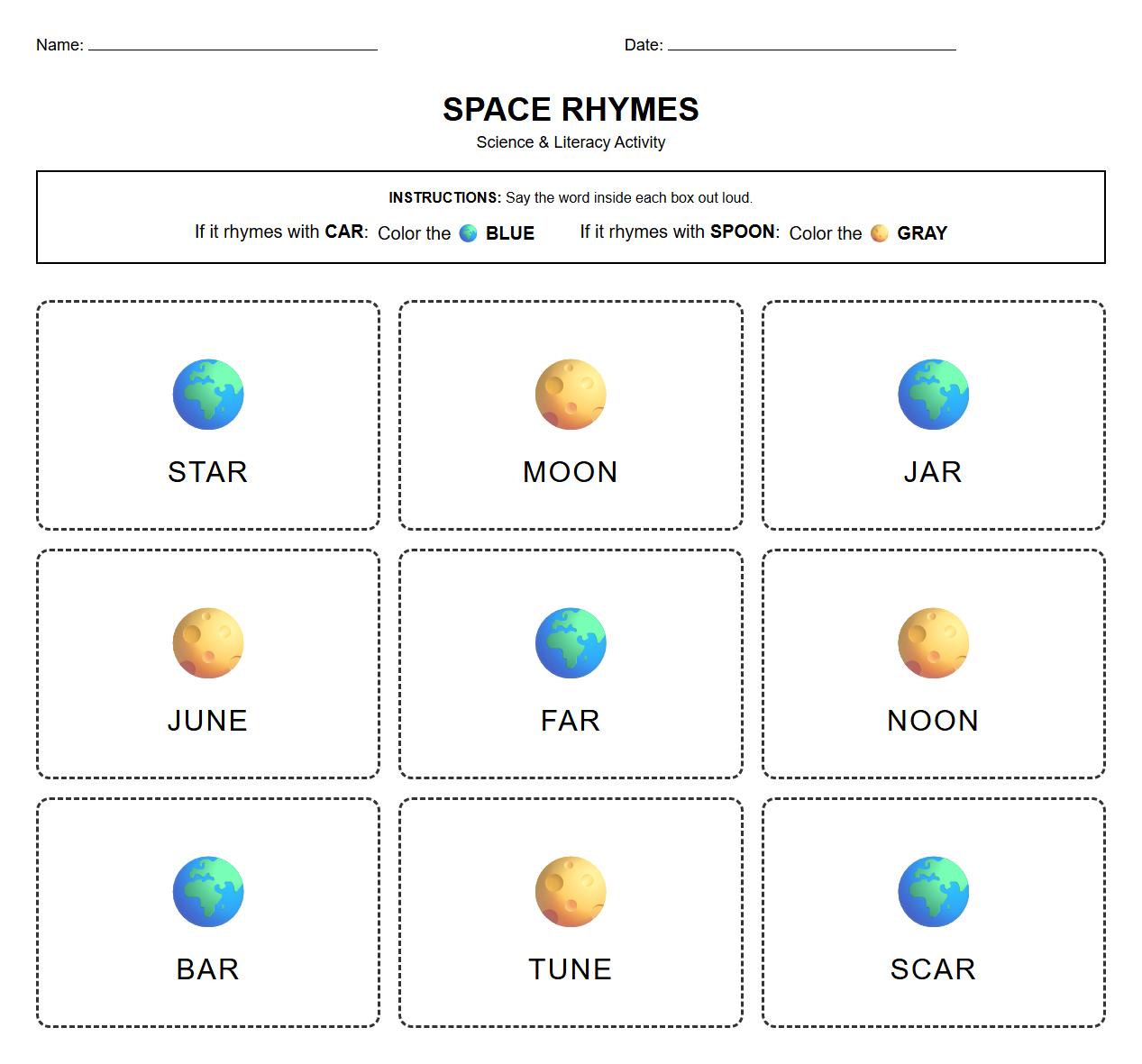Rhyming Words Coloring Worksheet using Earth and Moon Visuals