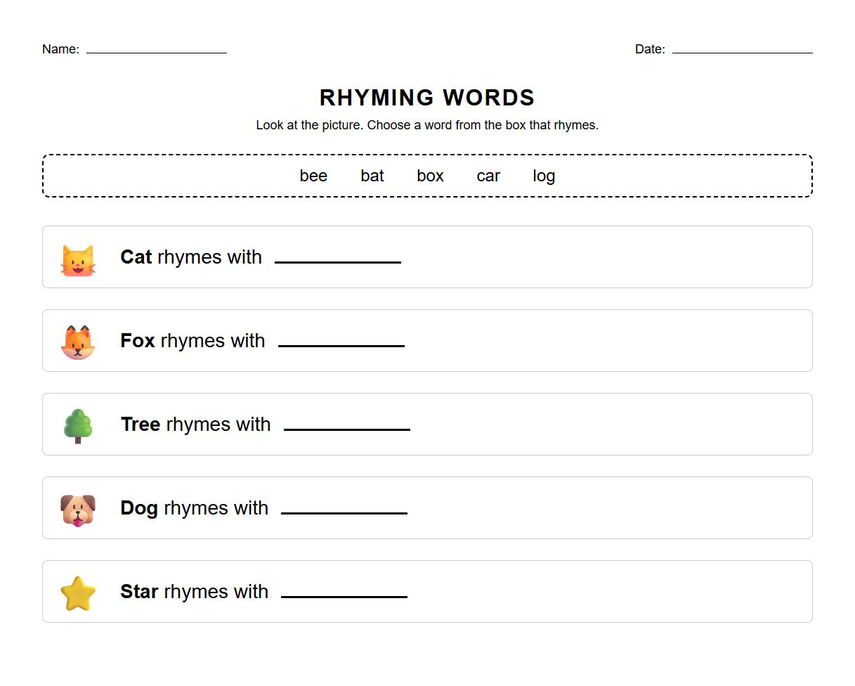 Rhyming Words Fill in the Blank Worksheet