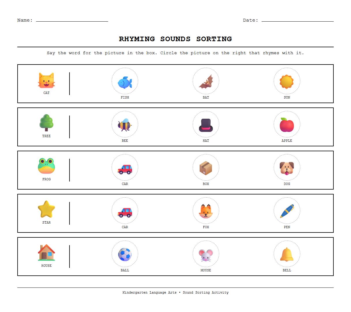 Rhyming Words Sound Sorting Worksheet