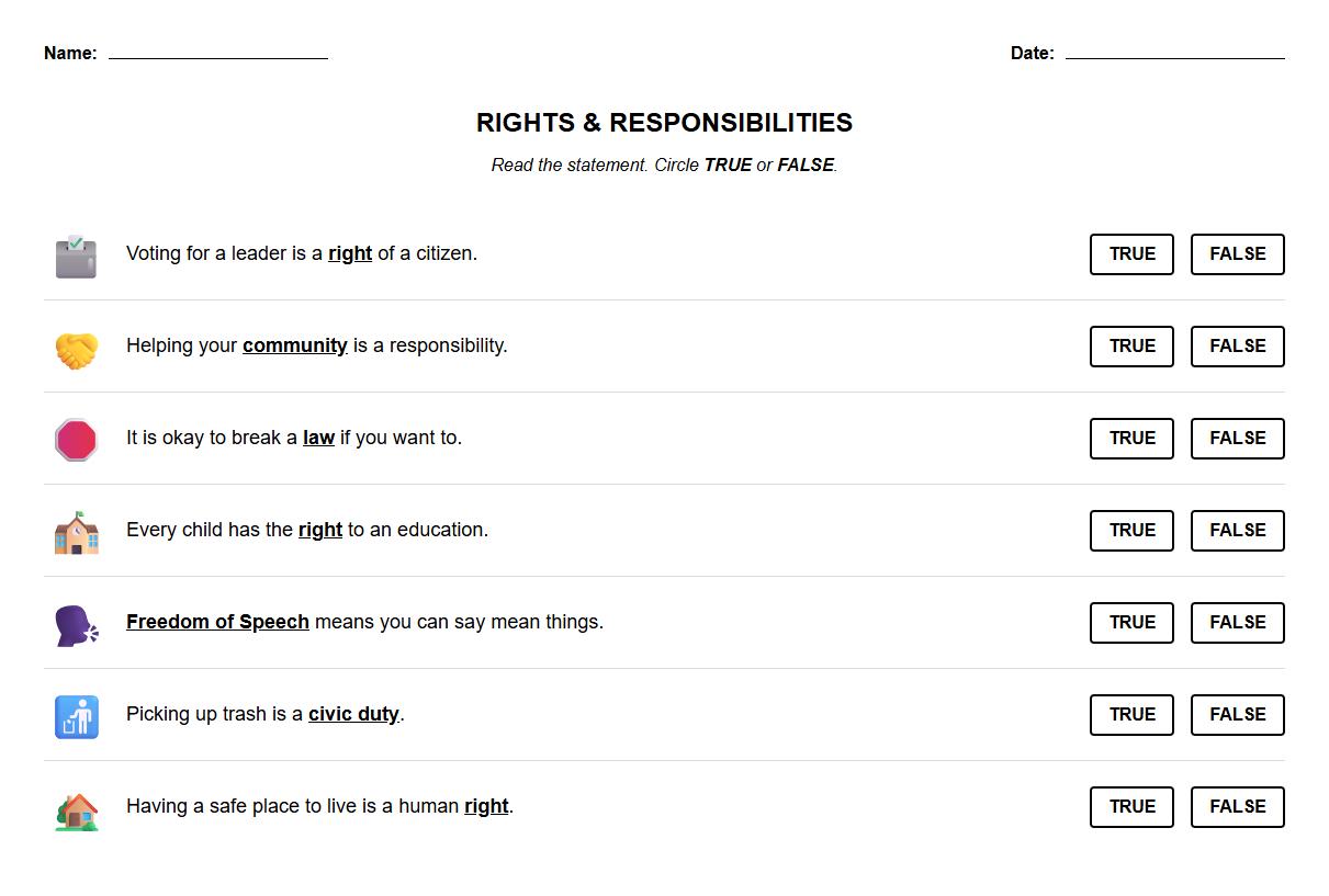 Rights and Responsibilities True or False Worksheet Using Technical Terms