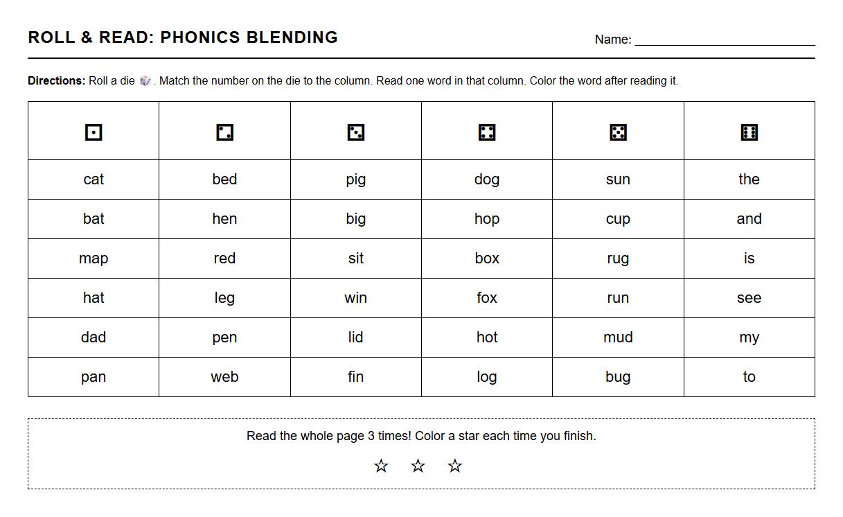 Roll and Read Sight Words Phonics Blending Game
