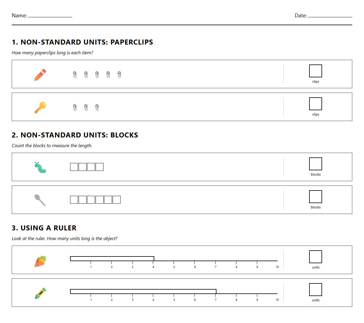 Ruler and Nonstandard Units Worksheet for Measuring Length