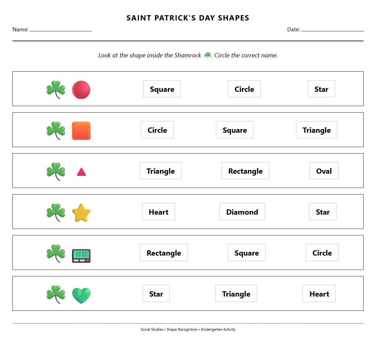 Saint Patricks Day Shamrock Shape Recognition Worksheet