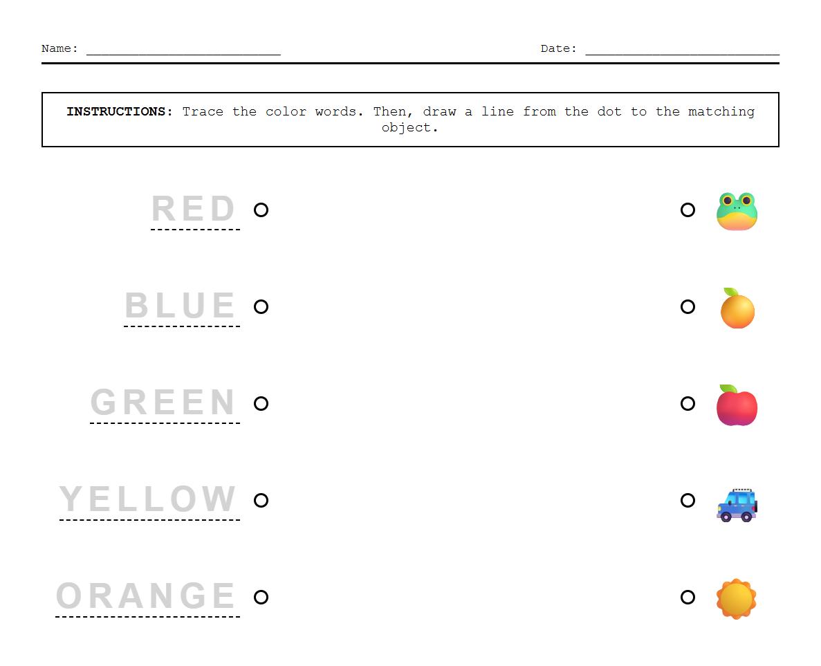 Semantic Color Vocabulary Phonics Matching Worksheet