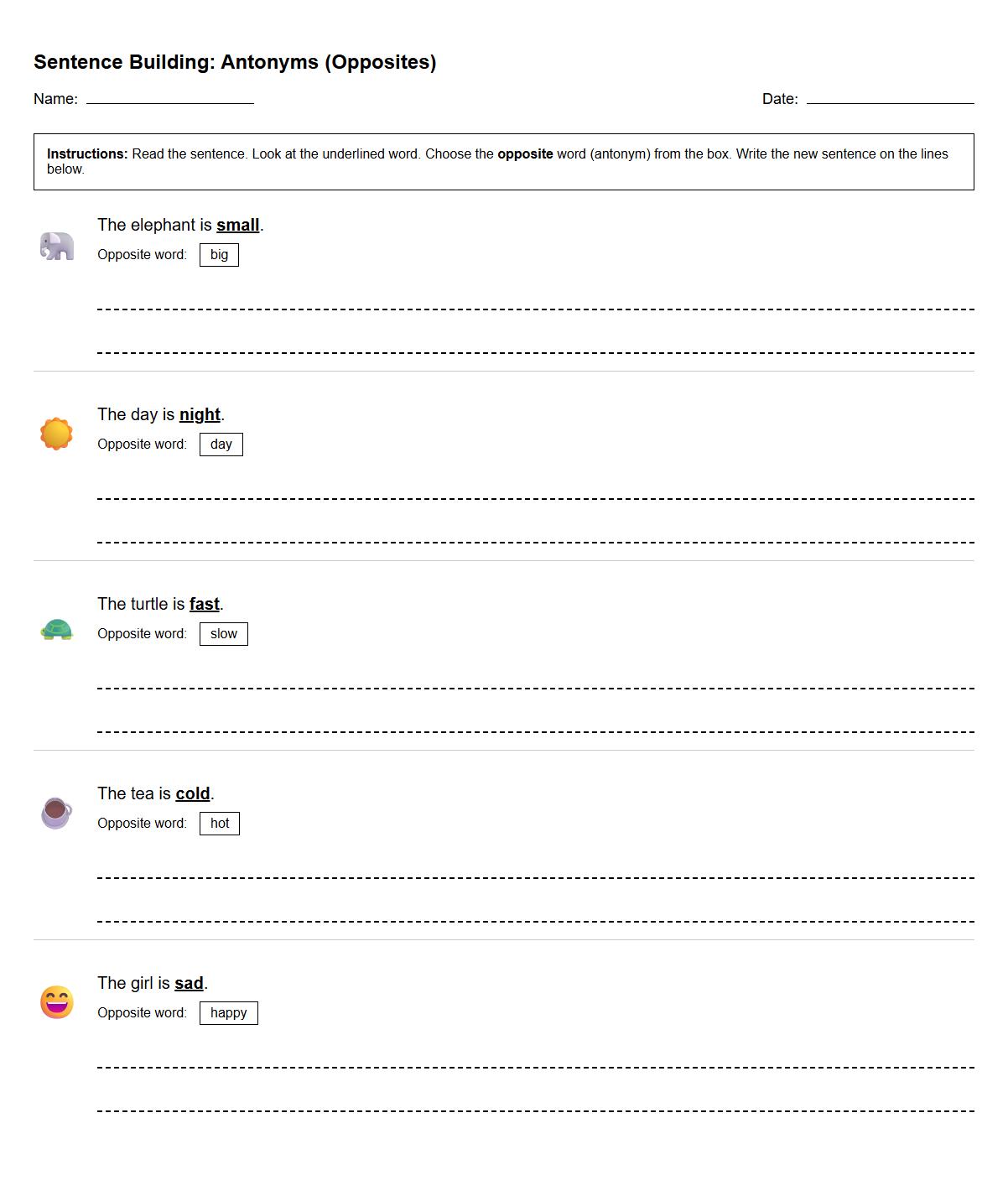 Sentence Building with Antonyms Exercise
