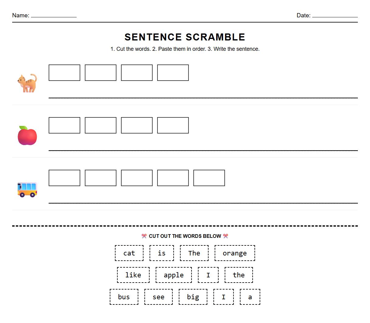 Sentence Scramble Worksheet for Text Sequencing Fluency