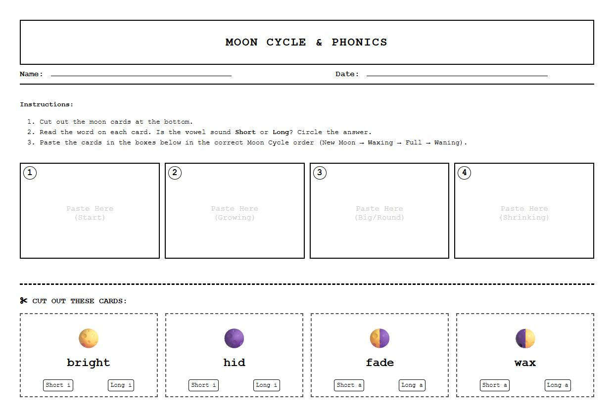 Sequencing Worksheet on Long and Short Vowel Phonics in Moon Cycle Context