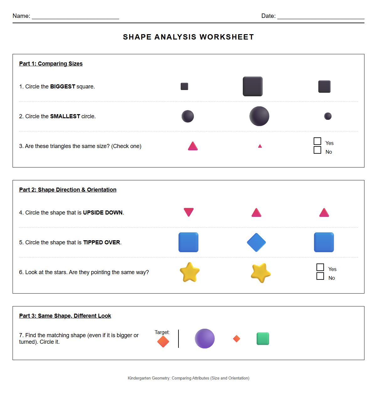 Shape Attributes Comparison Semantic Worksheet using Shape Size and Orientation Analysis