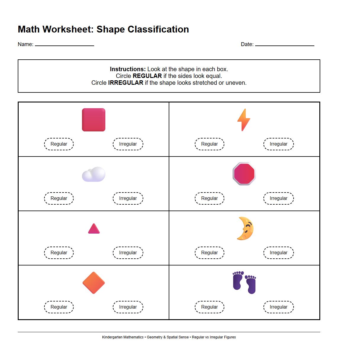 Shape Classification Worksheet for Regular and Irregular Figures