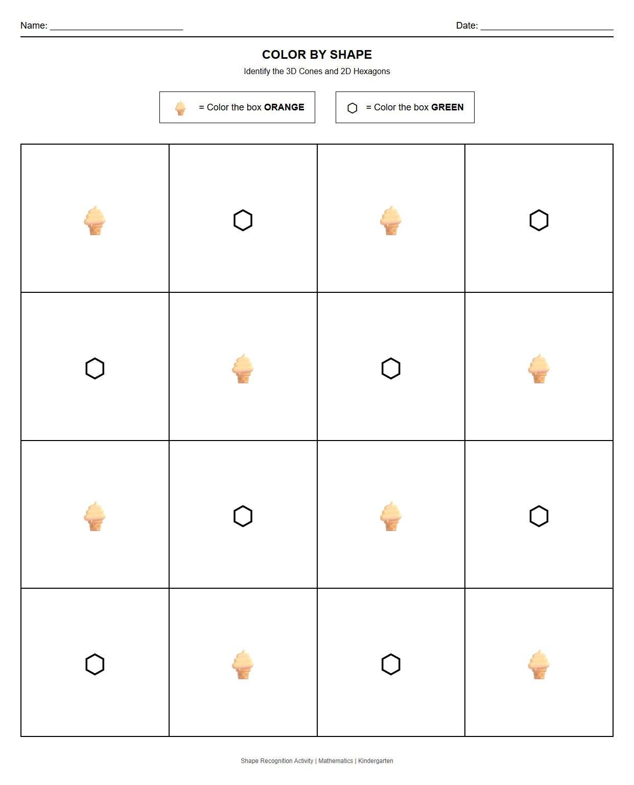 Shape Recognition Color by Shape Involving Cones and Hexagons