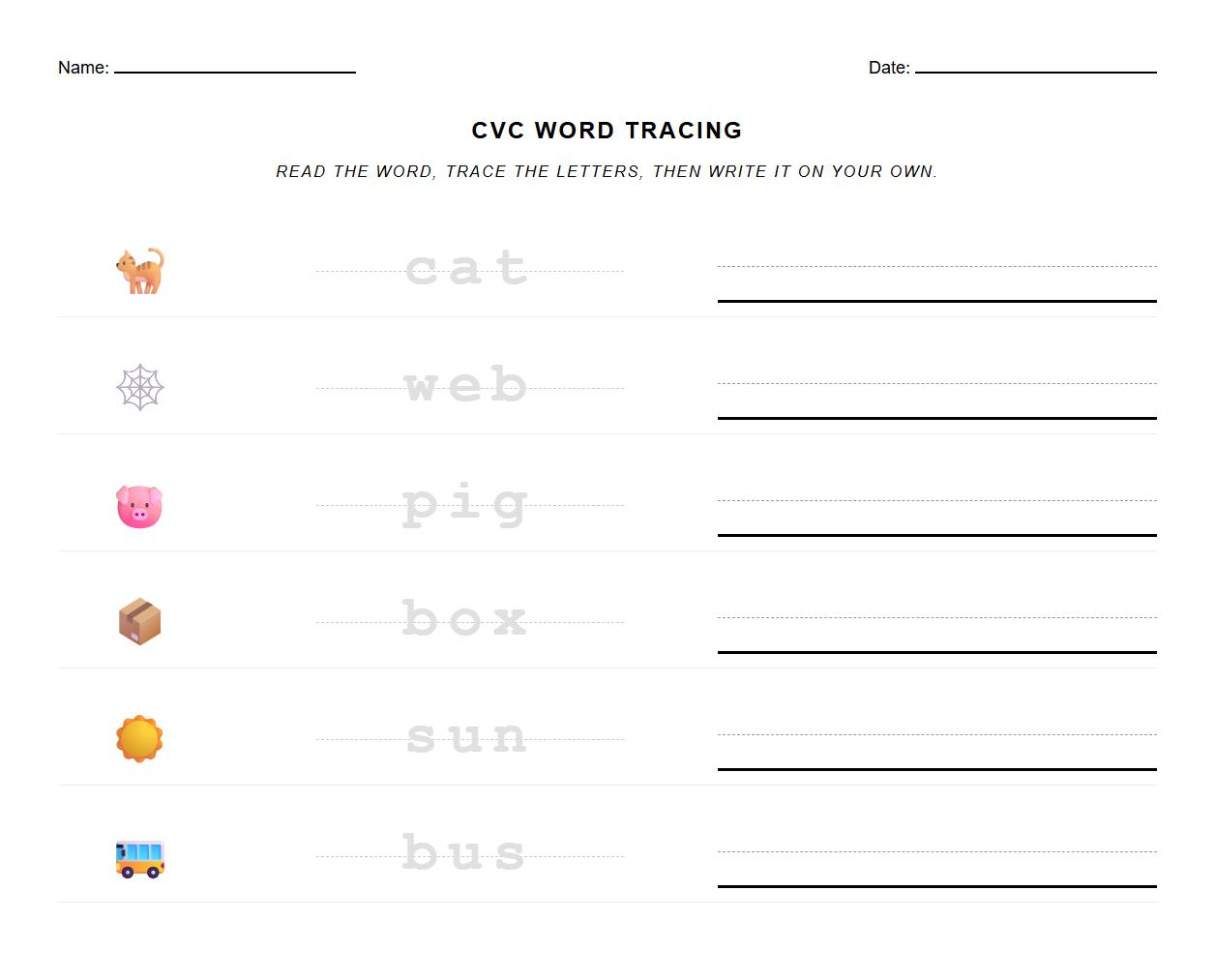 Short Vowel CVC Word Tracing Exercise