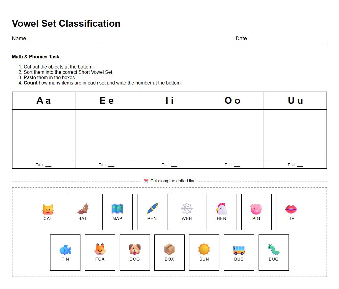 Short Vowel Sound Classification Sheet