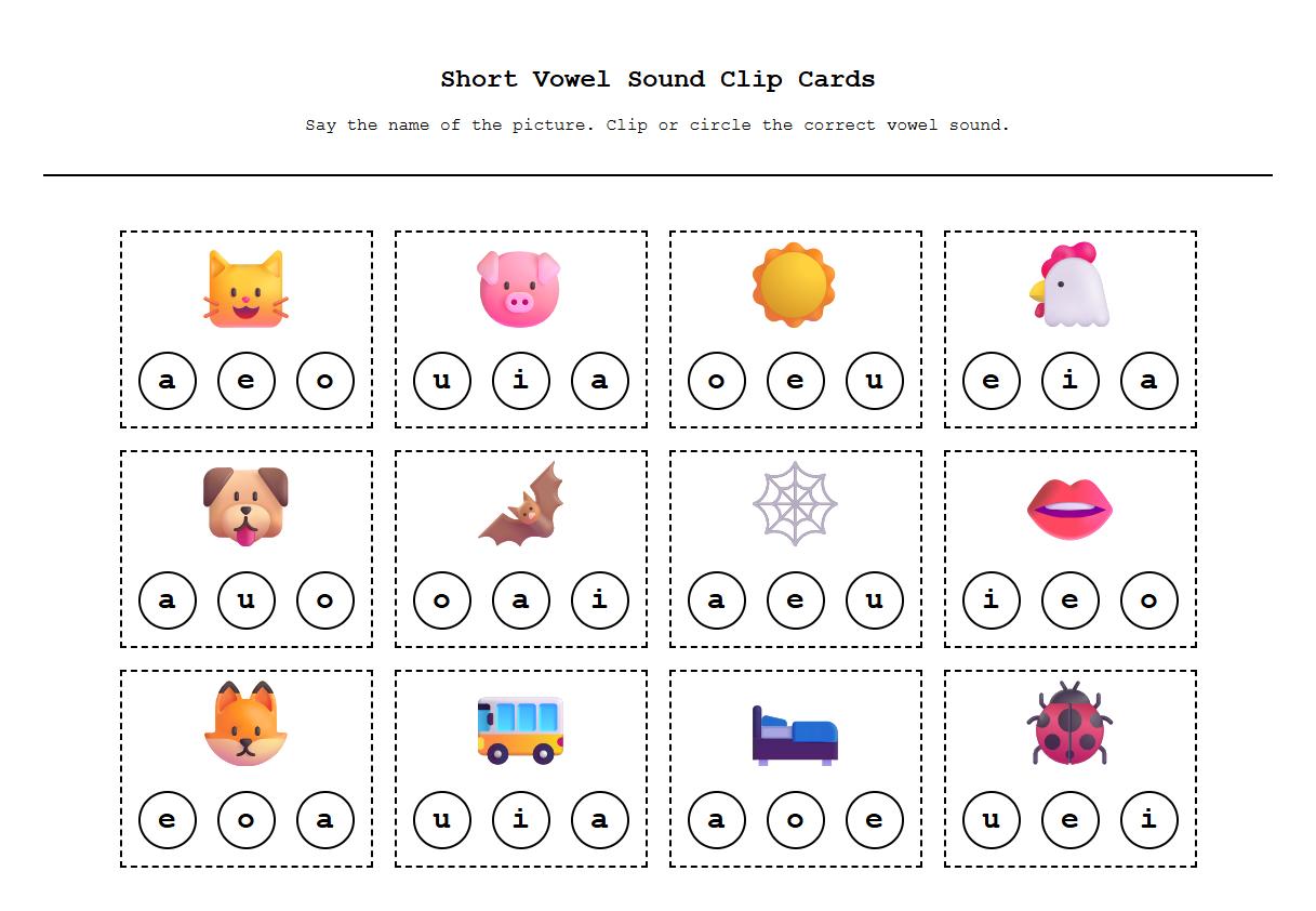 Short Vowel Sound Clip Cards for Phonemic Awareness