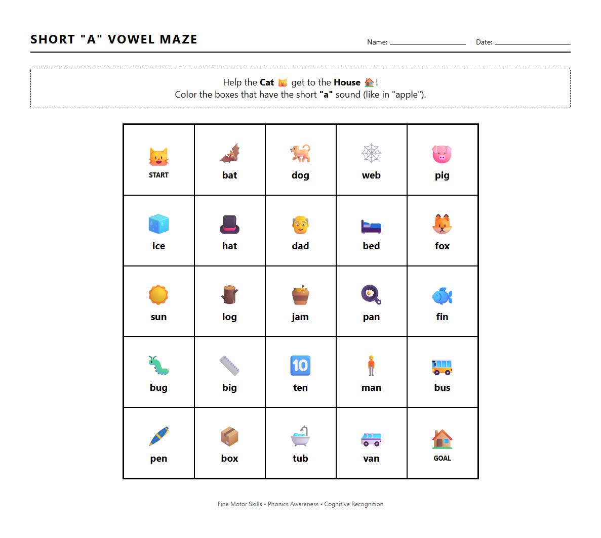Short Vowel Sound Phonics Maze