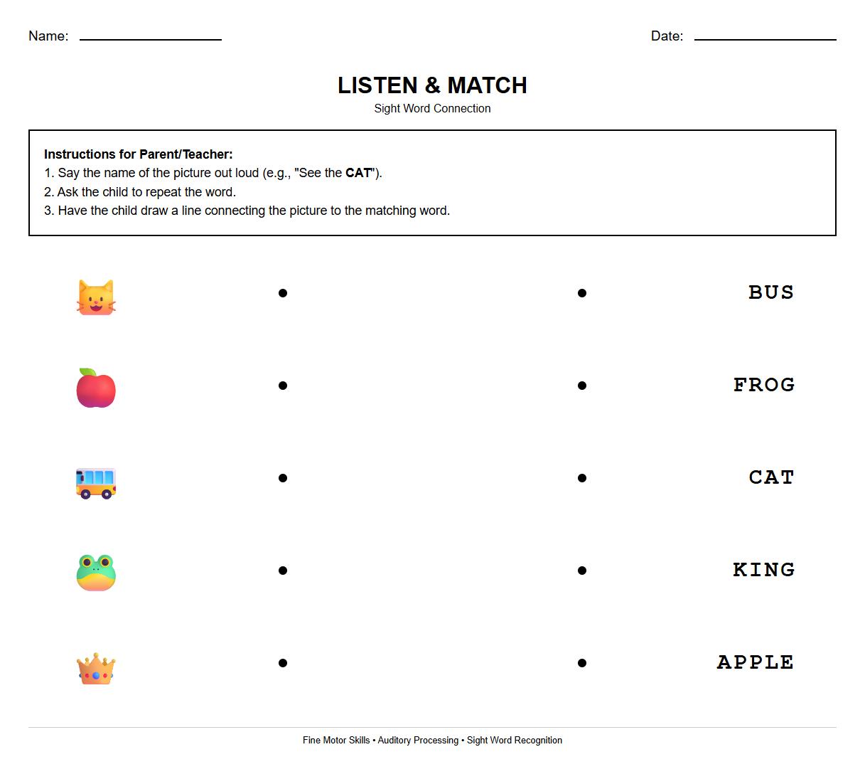Sight word matching worksheet integrating auditory processing skills