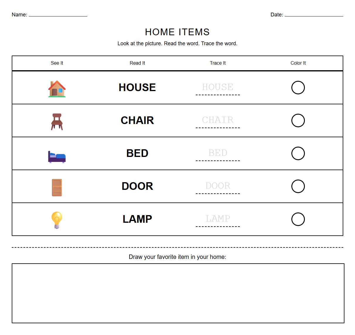 Sight Word Recognition Home Items Worksheet
