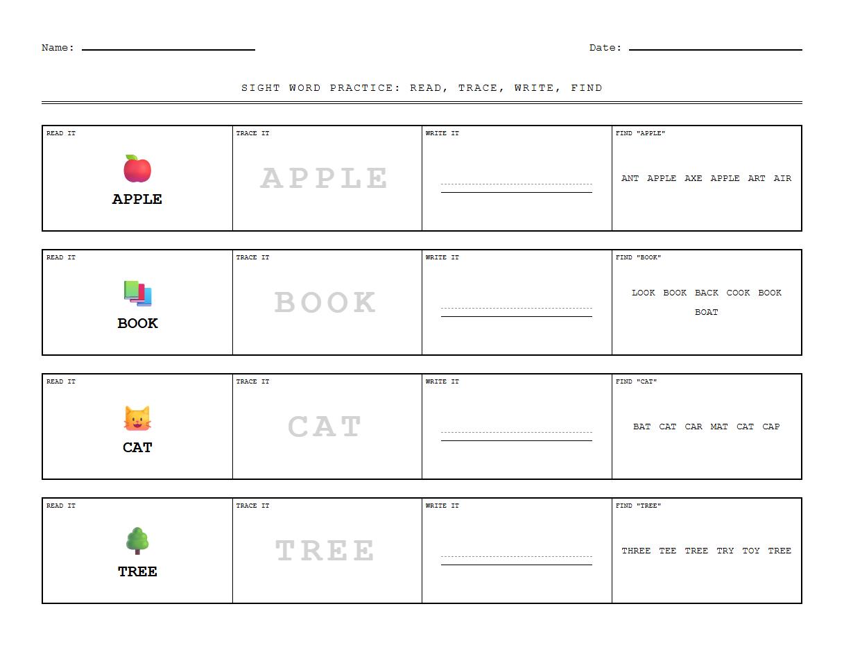 Sight Word Recognition and Tracing Phonics Sheet