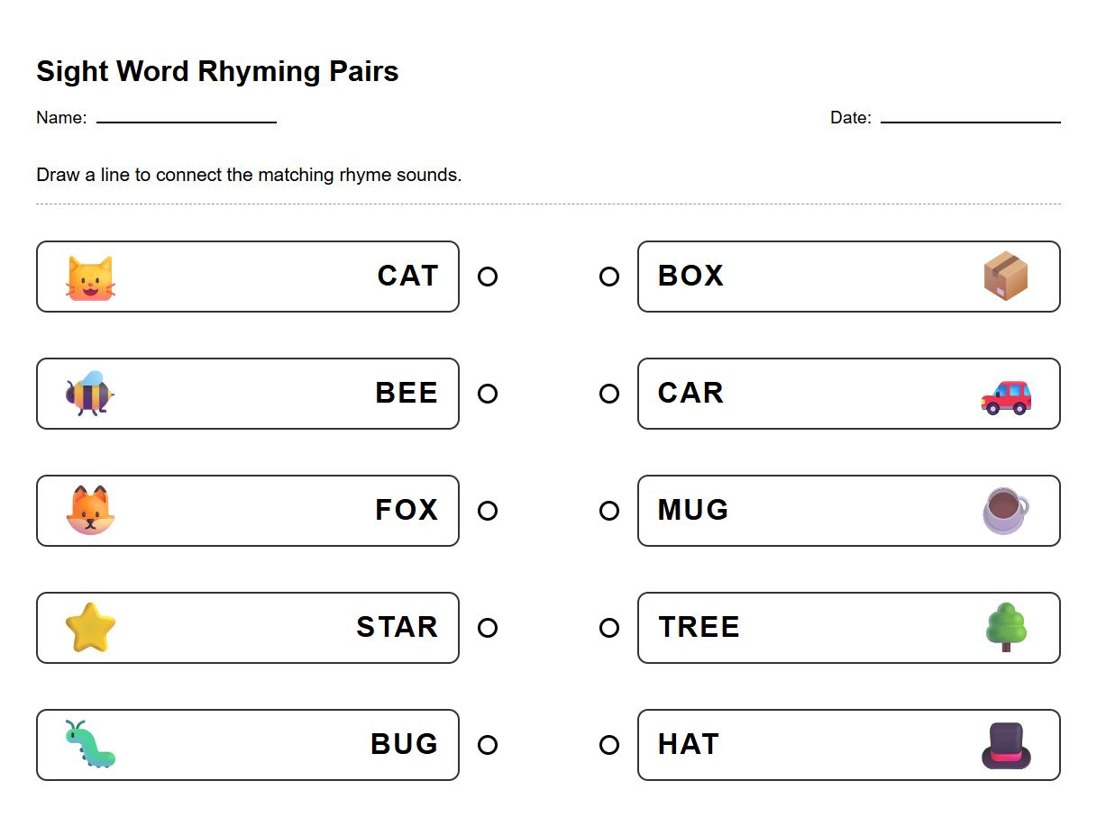 Sight Word Rhyming Pairs Phonics Activity