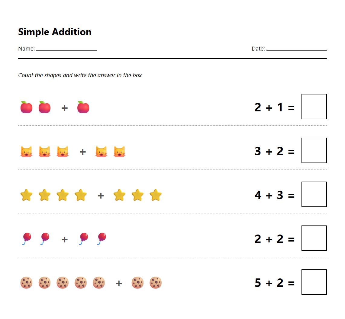 Simple Addition Worksheet Using Sums to Ten