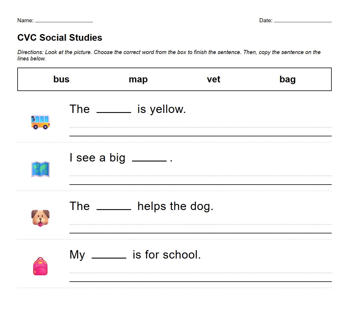 Simple Sentence Construction with CVC Family Words Phonics Worksheet