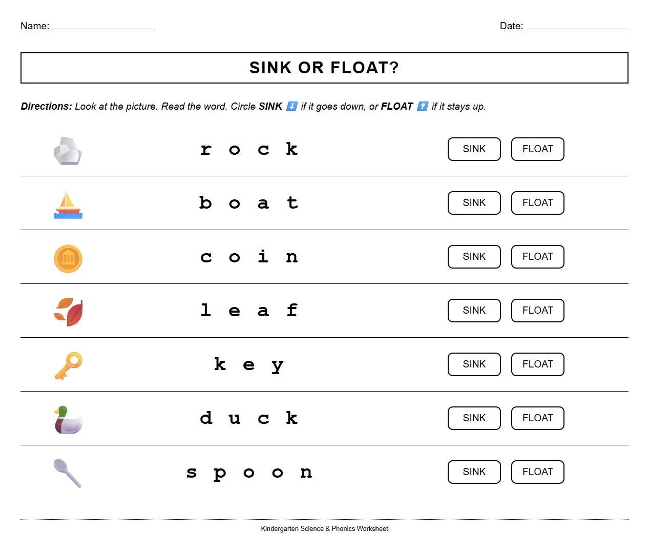 Sink or Float Phonics Vocabulary Matching Worksheet