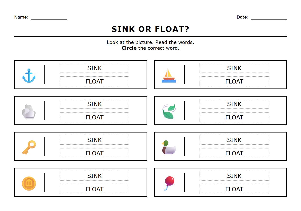 Sink or Float Picture to Word Phonics Connection Worksheet
