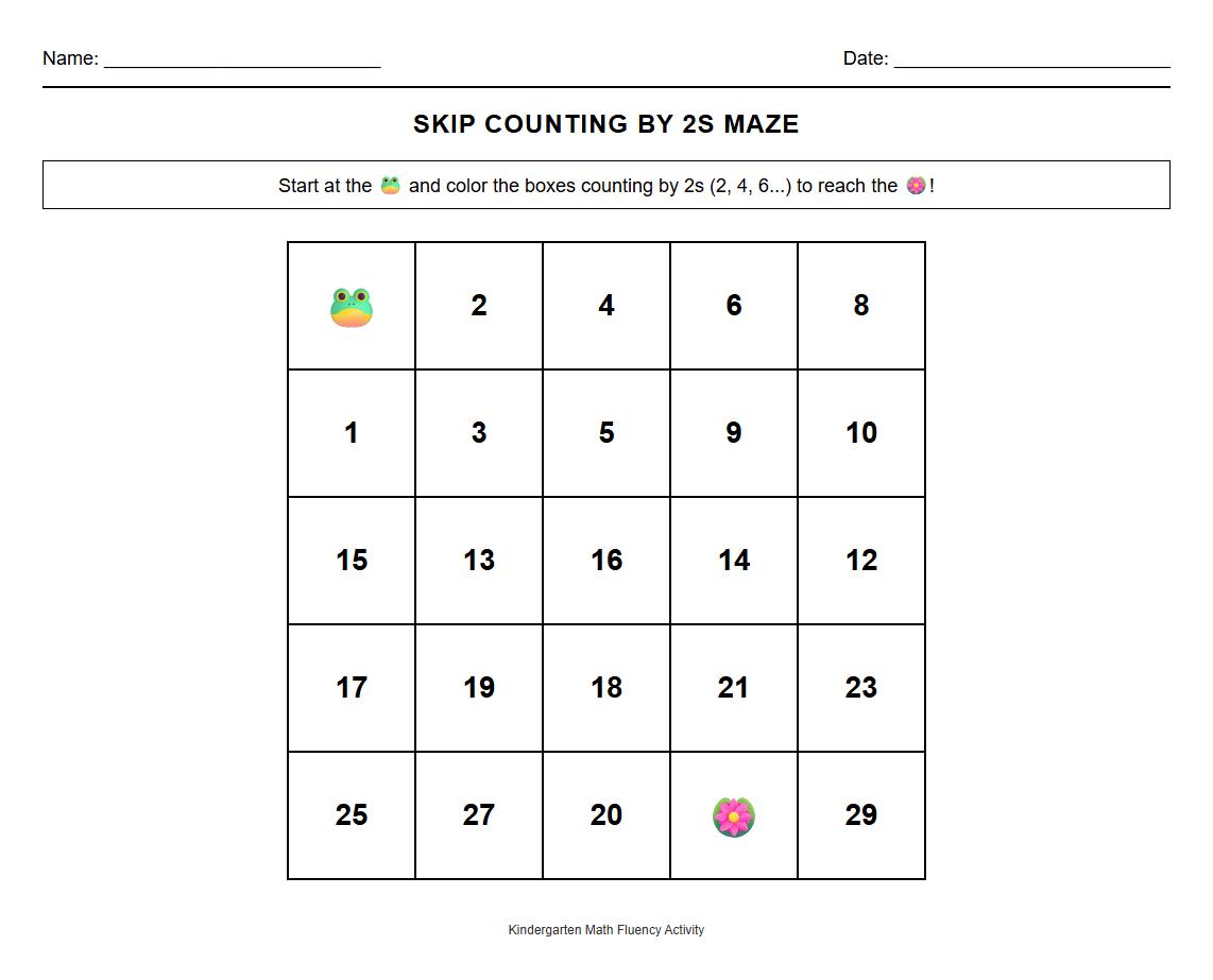 Skip Counting by 2s Maze for Kindergarten Math Fluency