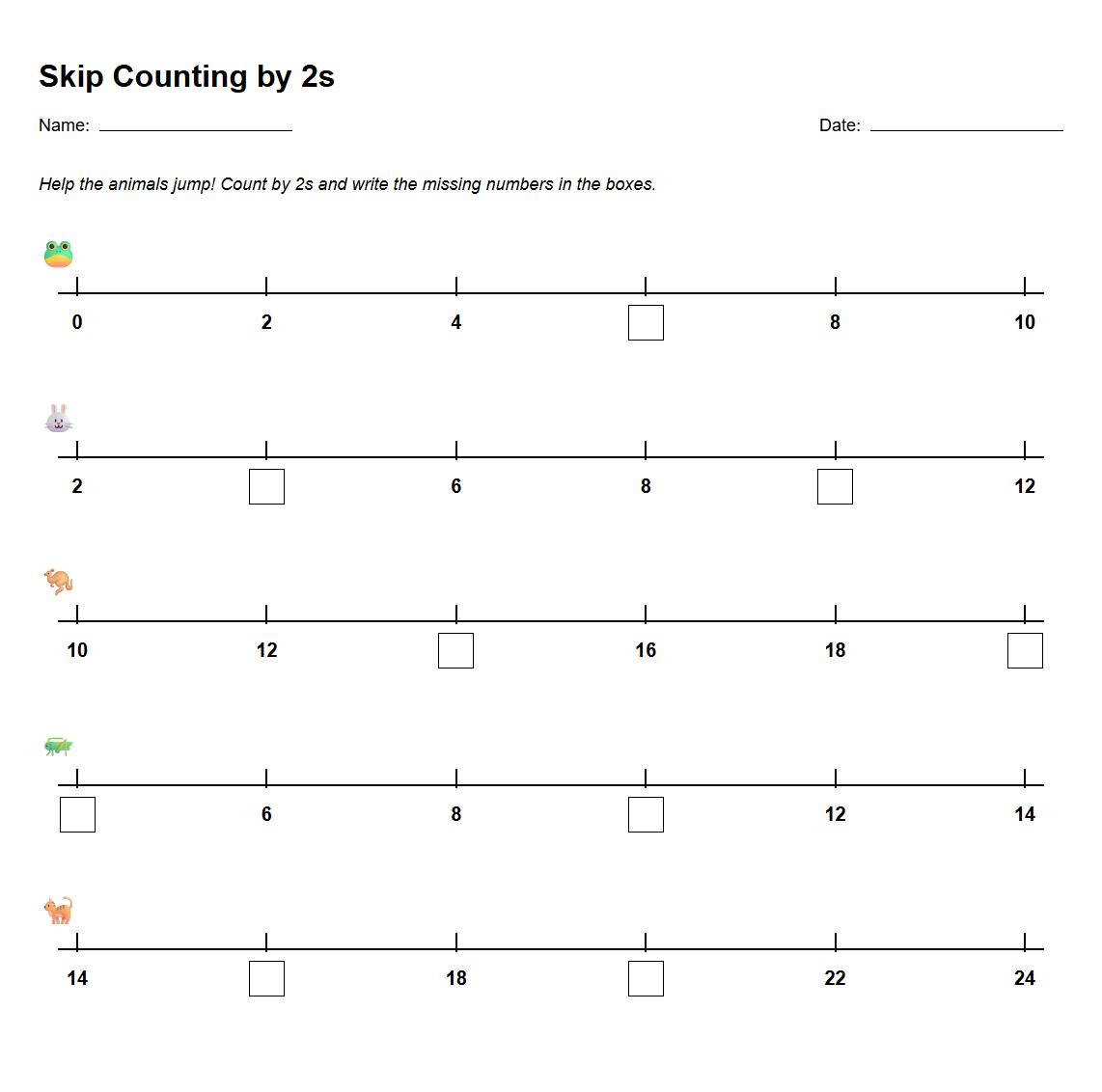 Skip Counting by 2s with Number Lines Worksheet
