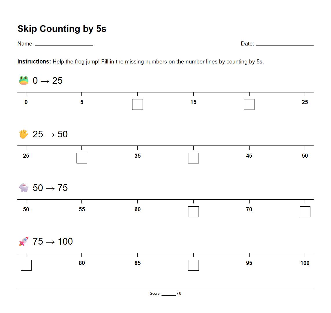 Skip Counting by 5s with Number Lines Worksheet