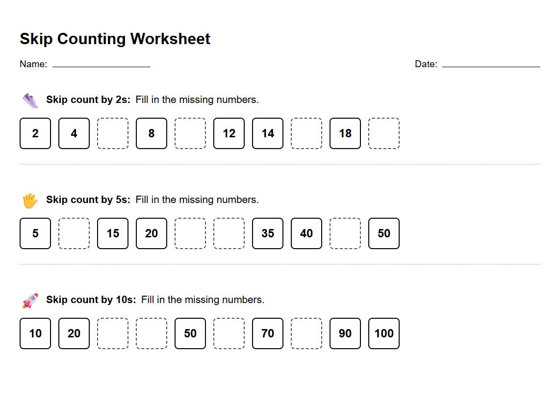 Skip Counting by Twos Fives and Tens Worksheet