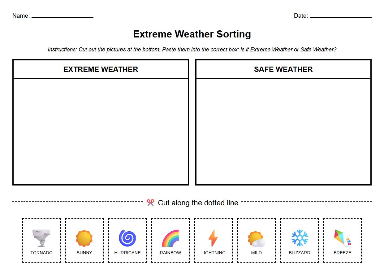 Sorting Activity Worksheet on Types of Extreme Weather