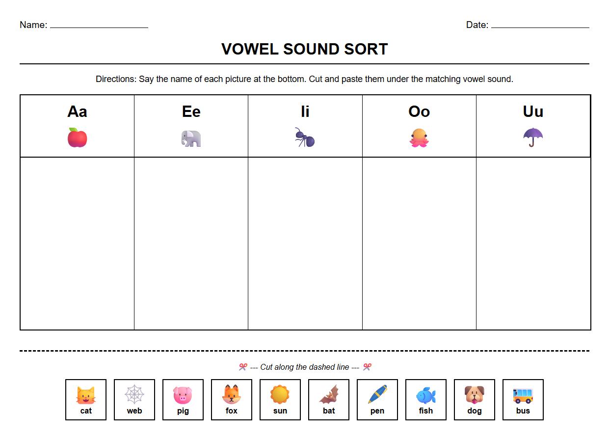 Sorting Words by Vowel Phoneme Worksheet