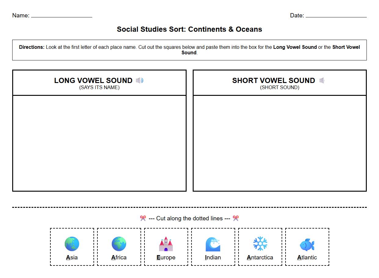 Sorting Worksheets for Long and Short Vowel Sounds in Continents and Oceans