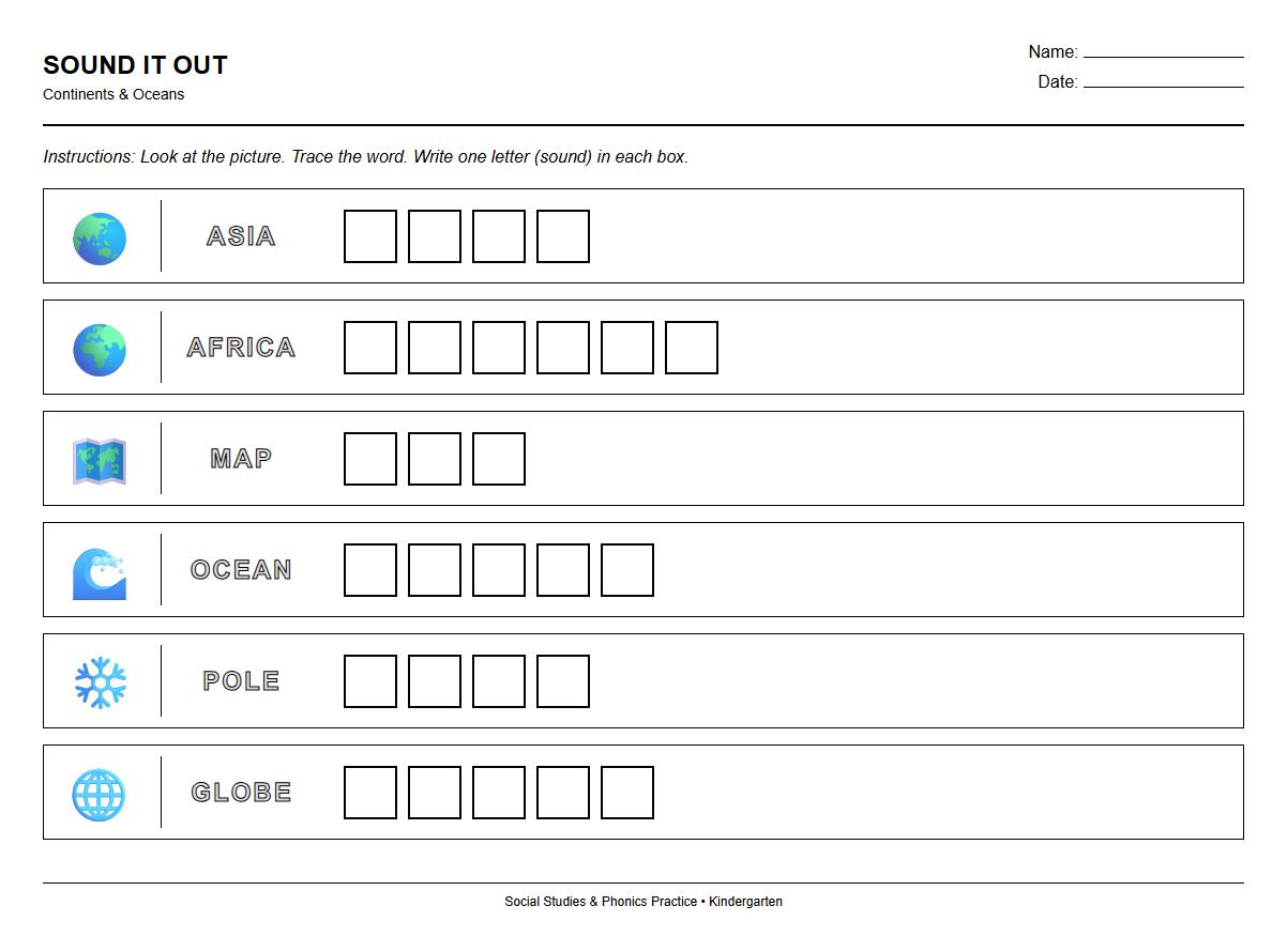 Sound It Out: Continent and Ocean Names Phoneme Worksheet