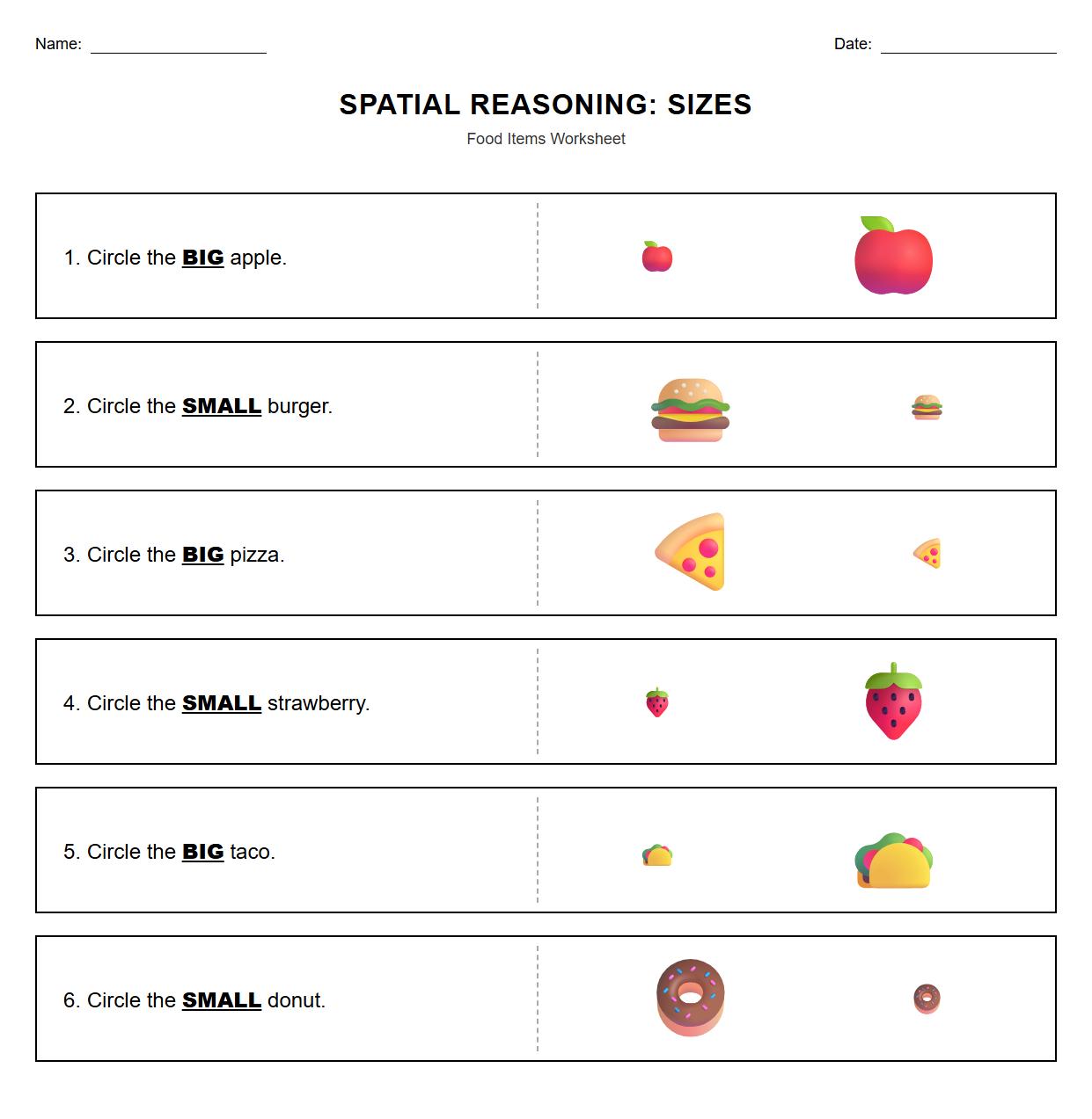 Spatial Reasoning Worksheet Featuring Big and Small Food Items