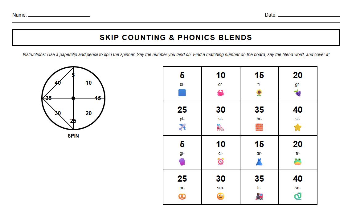 Spin and Cover Skip Counting by 5s with Phonics Blends