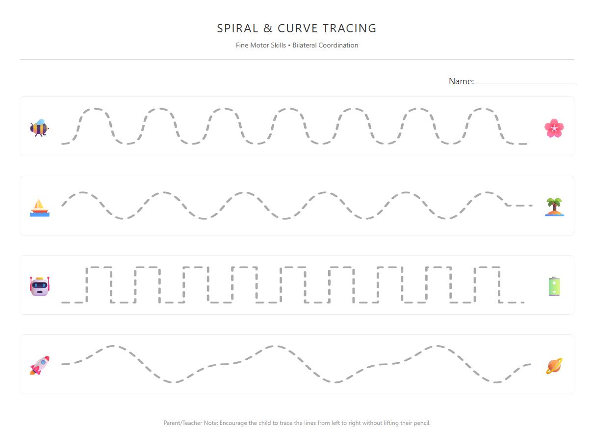 Spiral curve tracing worksheet for bilateral coordination