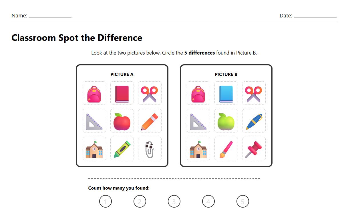 Spot the Difference presenting everyday classroom items