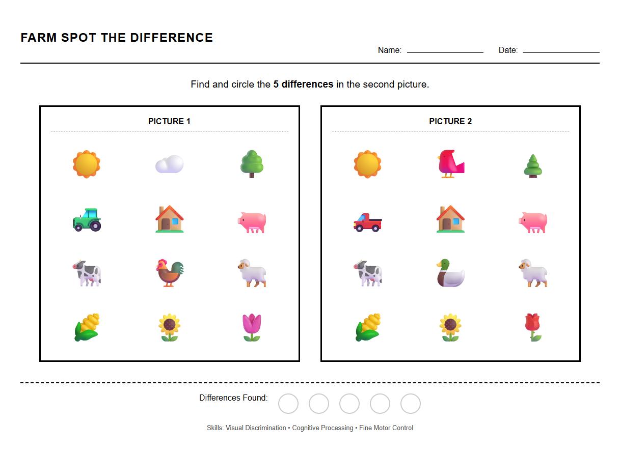 Spot the Difference Worksheet with Farm Scenes for Visual Discrimination