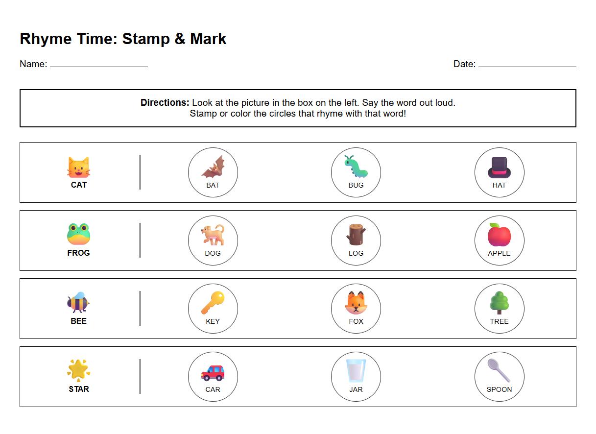 Stamp and Mark Following Directions Sheet Using Rhyme Awareness