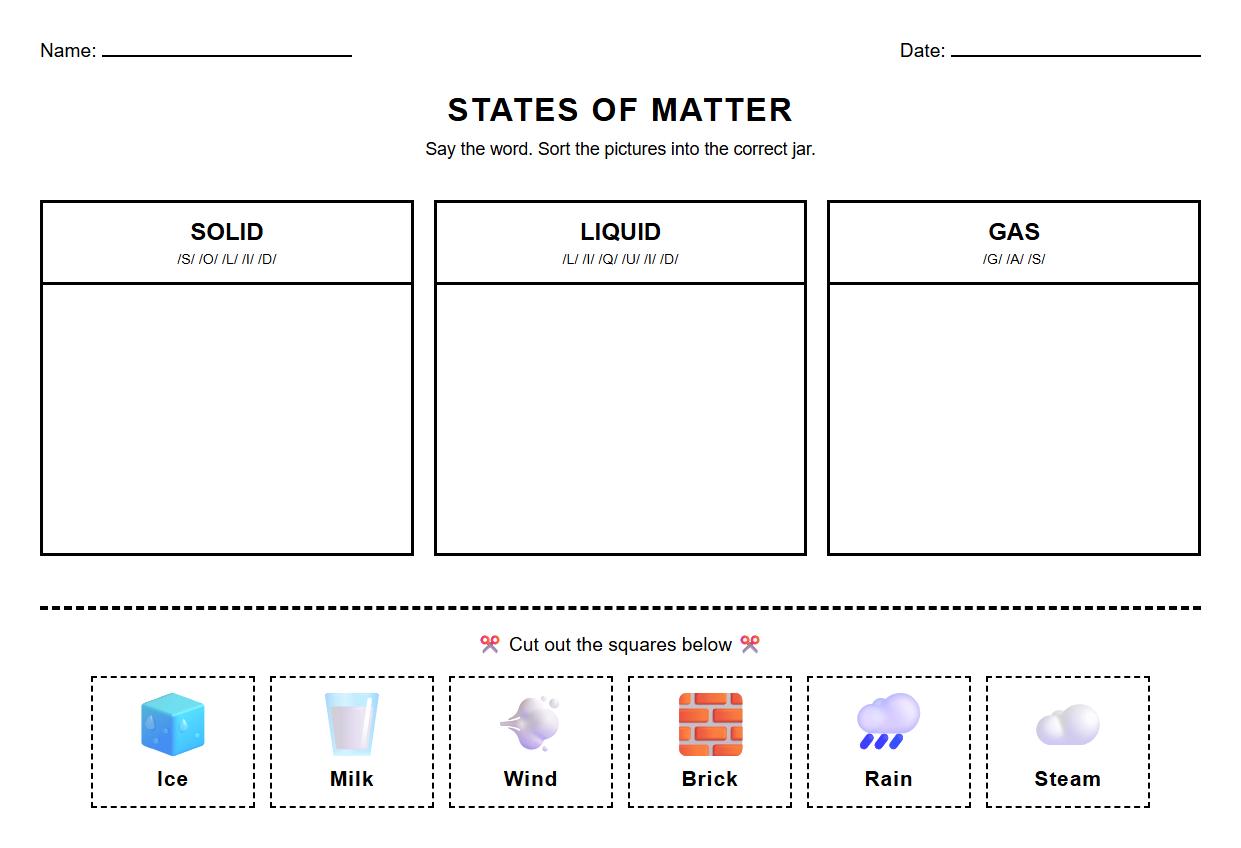 States of Matter Sorting Phonics Worksheet