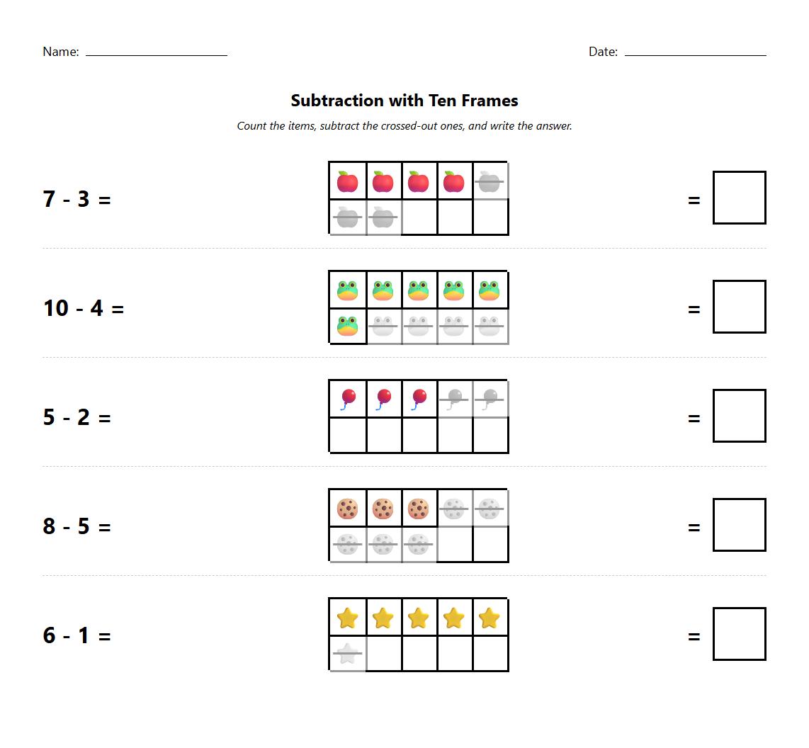 Subtraction Equation with Ten Frames worksheet