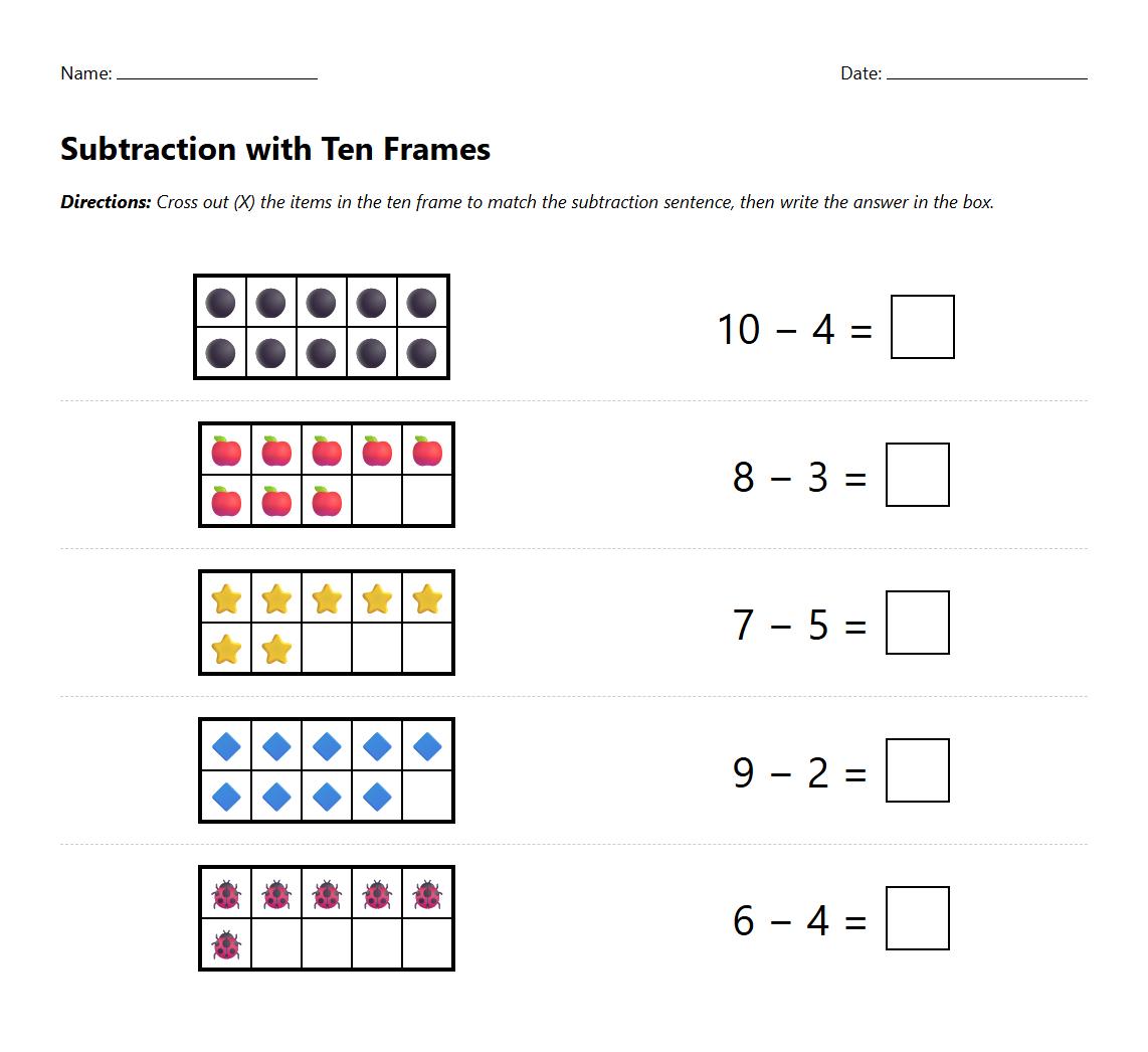 Subtraction Sentences with Ten Frame Representation Worksheet