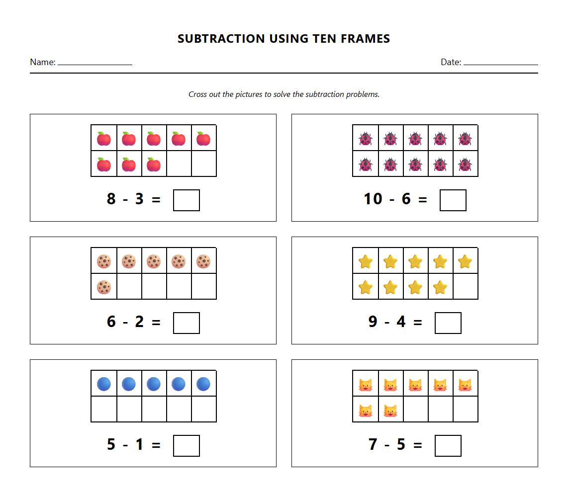 Subtraction Using Ten Frames Worksheet