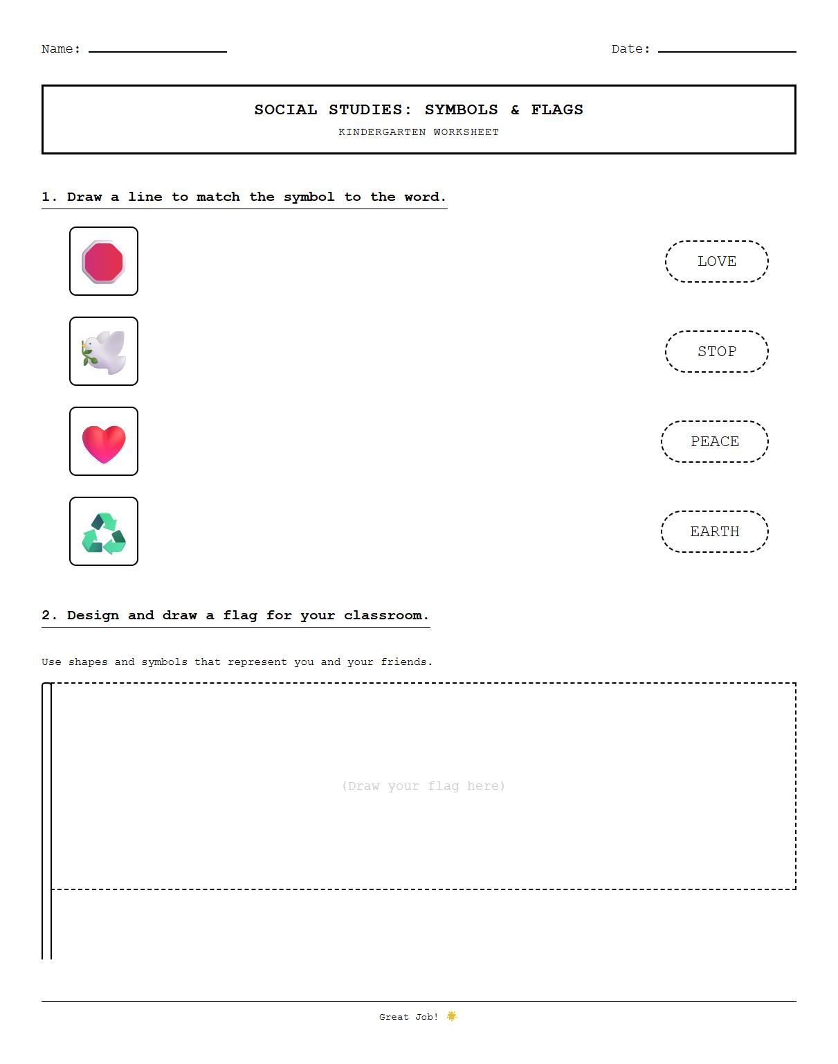Symbol Recognition and Flag Drawing Worksheet for Early Learners