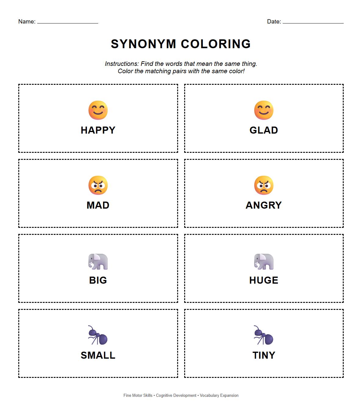 Synonym Color Vocabulary Expansion Worksheet