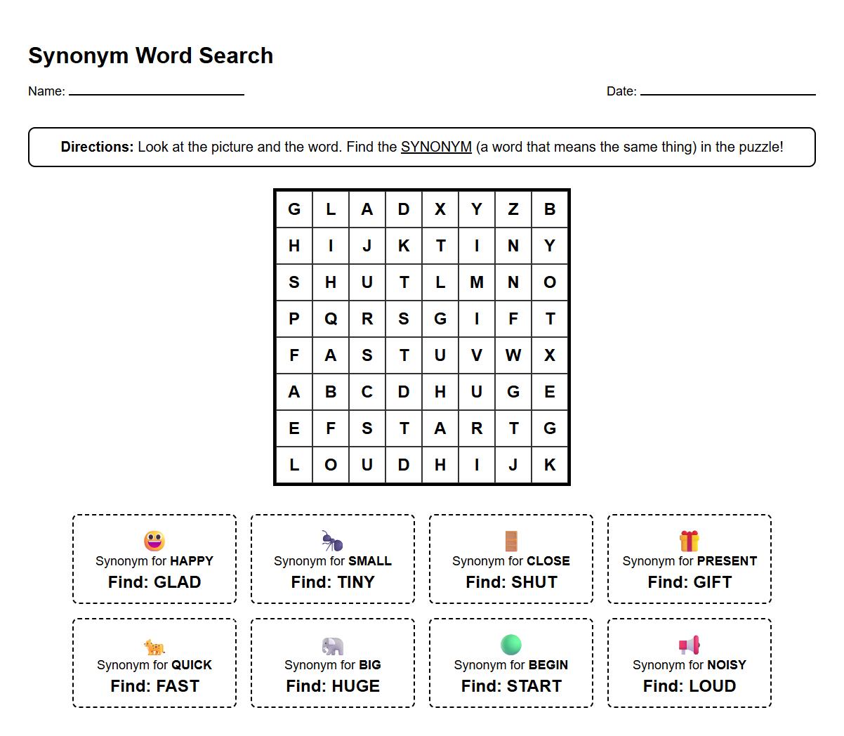 Synonym Word Search Worksheets with Thematic Vocabulary